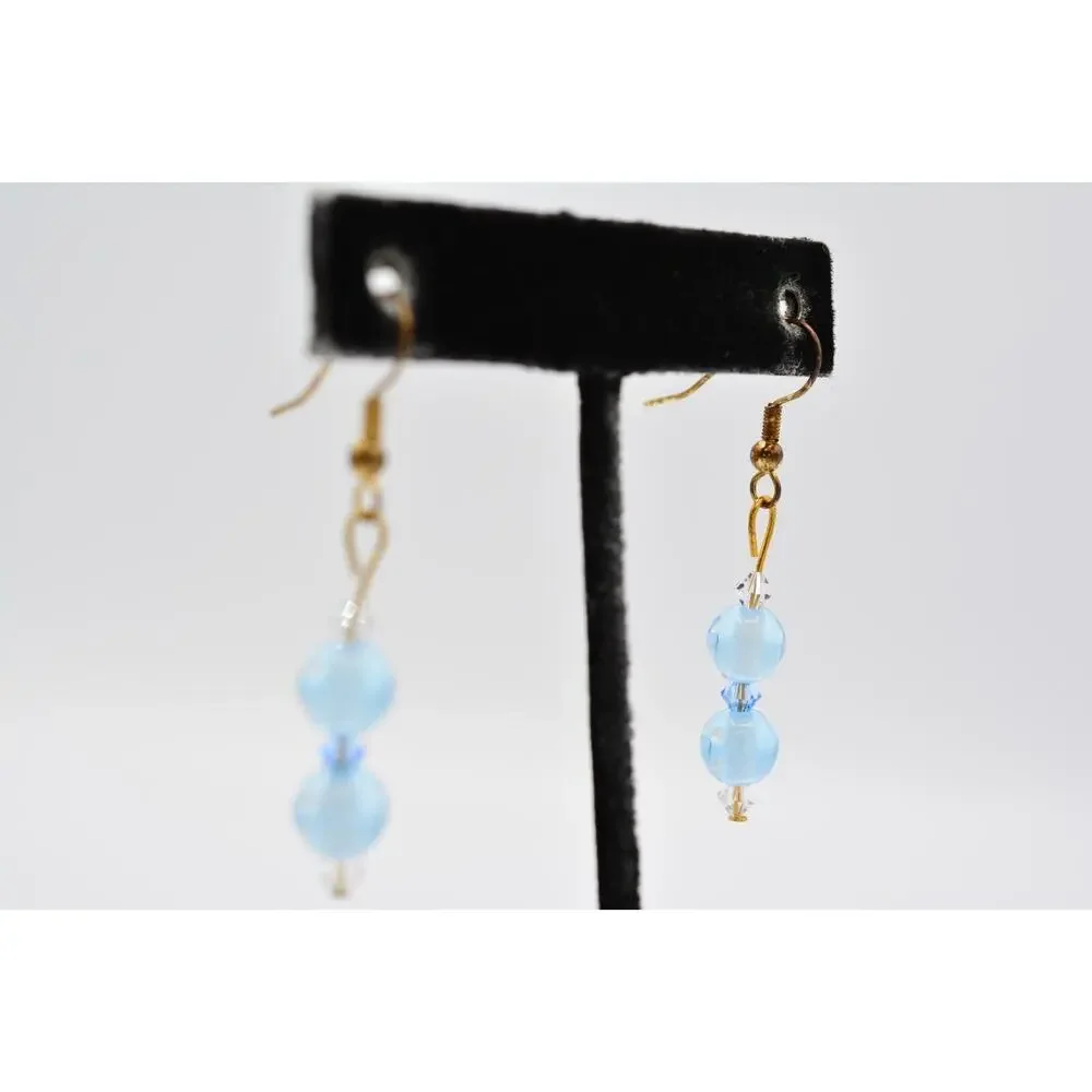Dangle Beaded Earrings Sky Blue Happy Face Crystal Drop Round 1990s BinAA